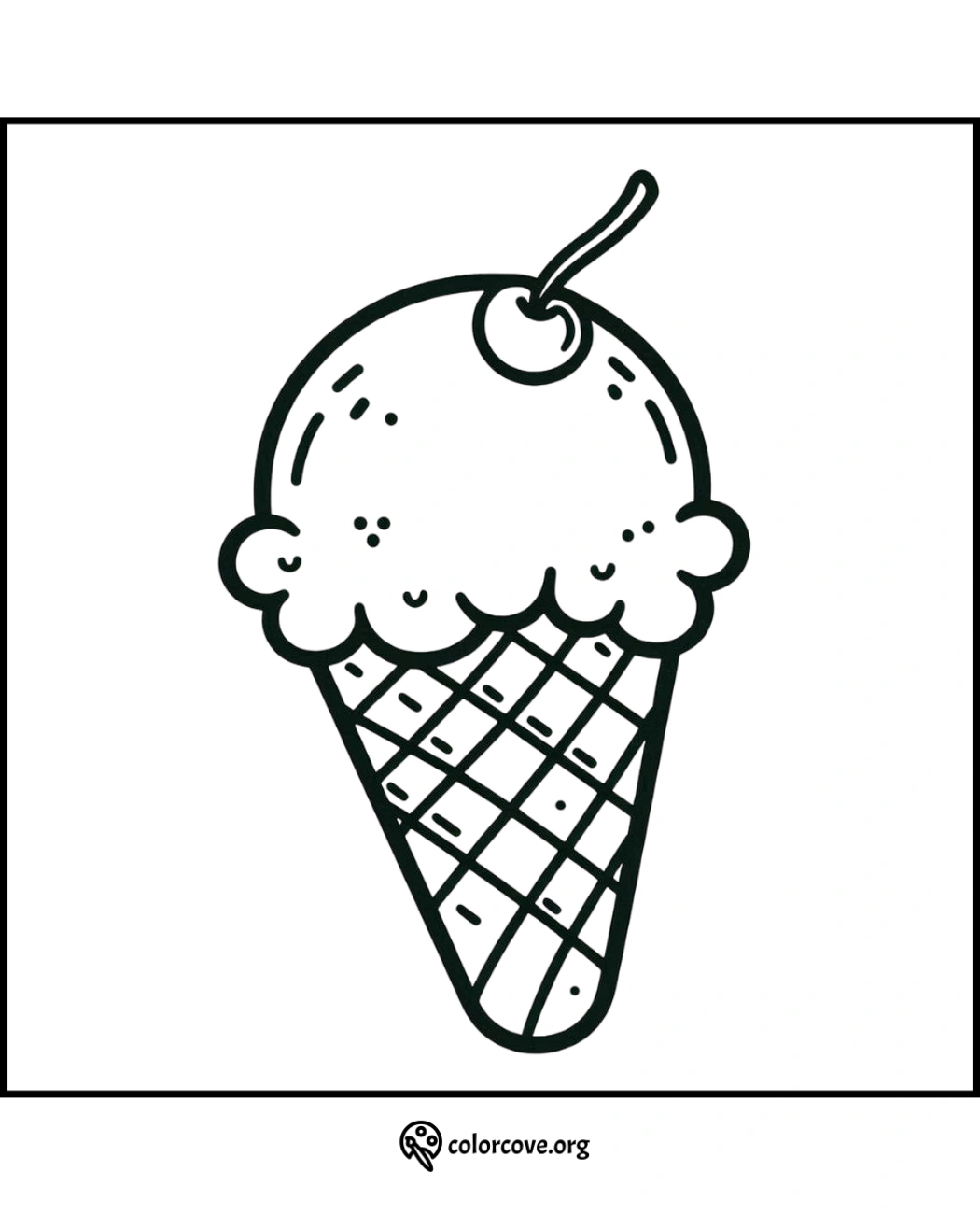 Ice cream cone coloring page with a cherry on top. Printable illustration for kids and adults to color and enjoy.