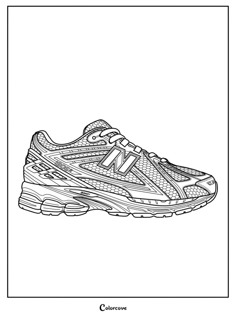 Page de coloriage en dessin au trait détaillé de la basket 1906R Silver Metallic Black, montrant des empiècements en mesh et des renforts