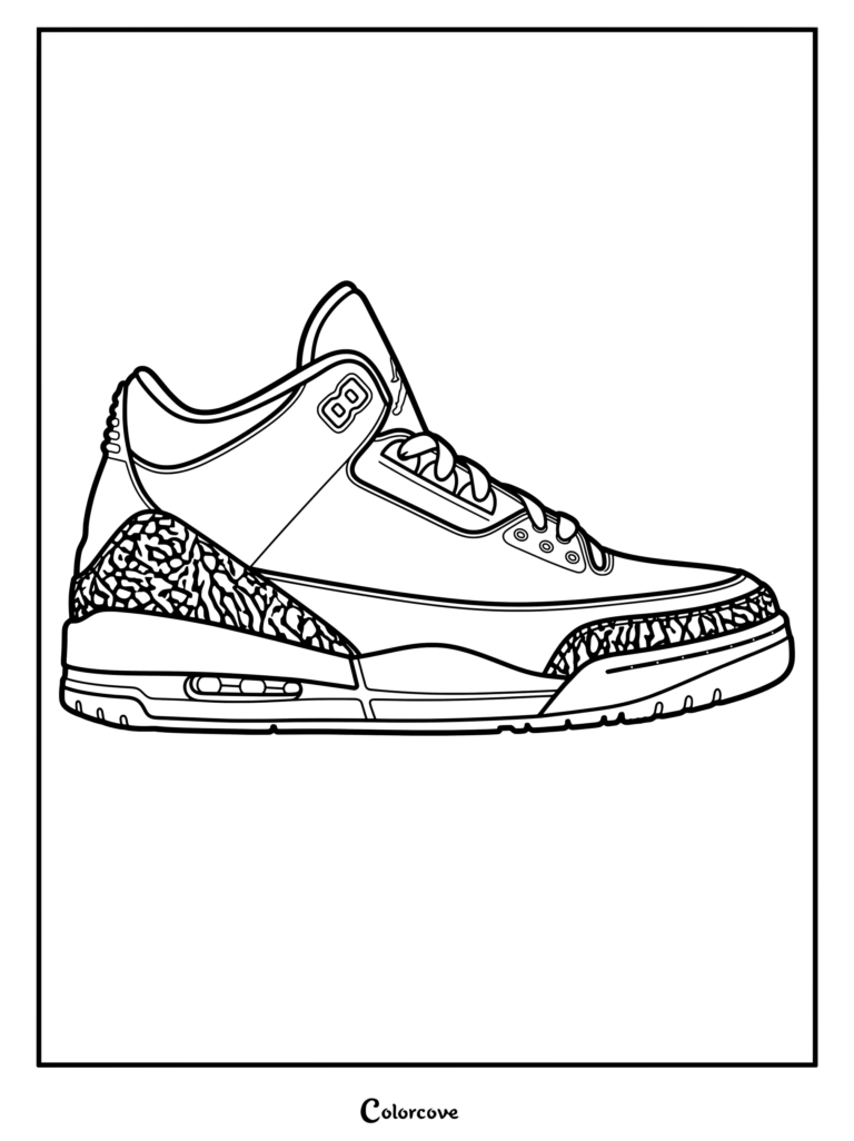 Page de coloriage de la Air Jordan 3 sortie en 1988 et portée par Michael Jordan, avec les contours de ces Baskets Iconiques et des détails d'imprimé éléphant
