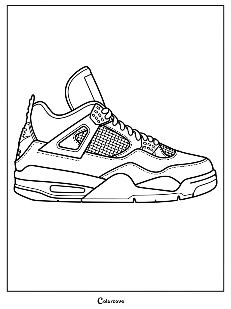 Page de coloriage de la Air Jordan 4 sortie en 1989 et portée par Michael Jordan
