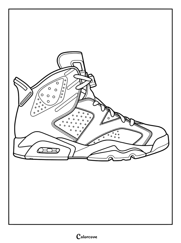 Page de coloriage de la Air Jordan 6 sortie en 1991 et portée par Michael Jordan, avec un dessin au trait classique de cette basket