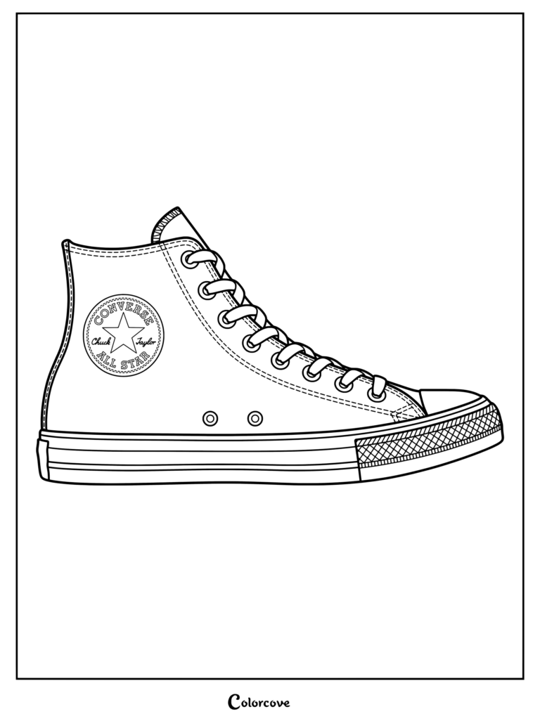 Une page de coloriage à imprimer de la basket montante Converse Chuck Taylor All Star sortie en 1917, montrant des lacets détaillés et le logo écusson à étoile emblématique.
