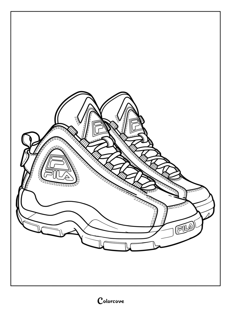 Page de coloriage de la Fila Grant Hill 2 sortie en 1996 et portée par Grant Hill, mettant en valeur le dessin au trait de ces Baskets Iconiques