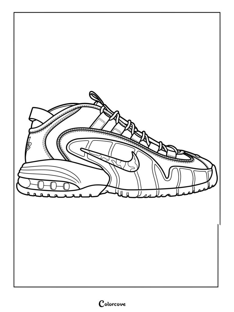 Page de coloriage de la basket Nike Air Max Penny 1 avec le logo Swoosh latéral classique et des unités d'air visibles