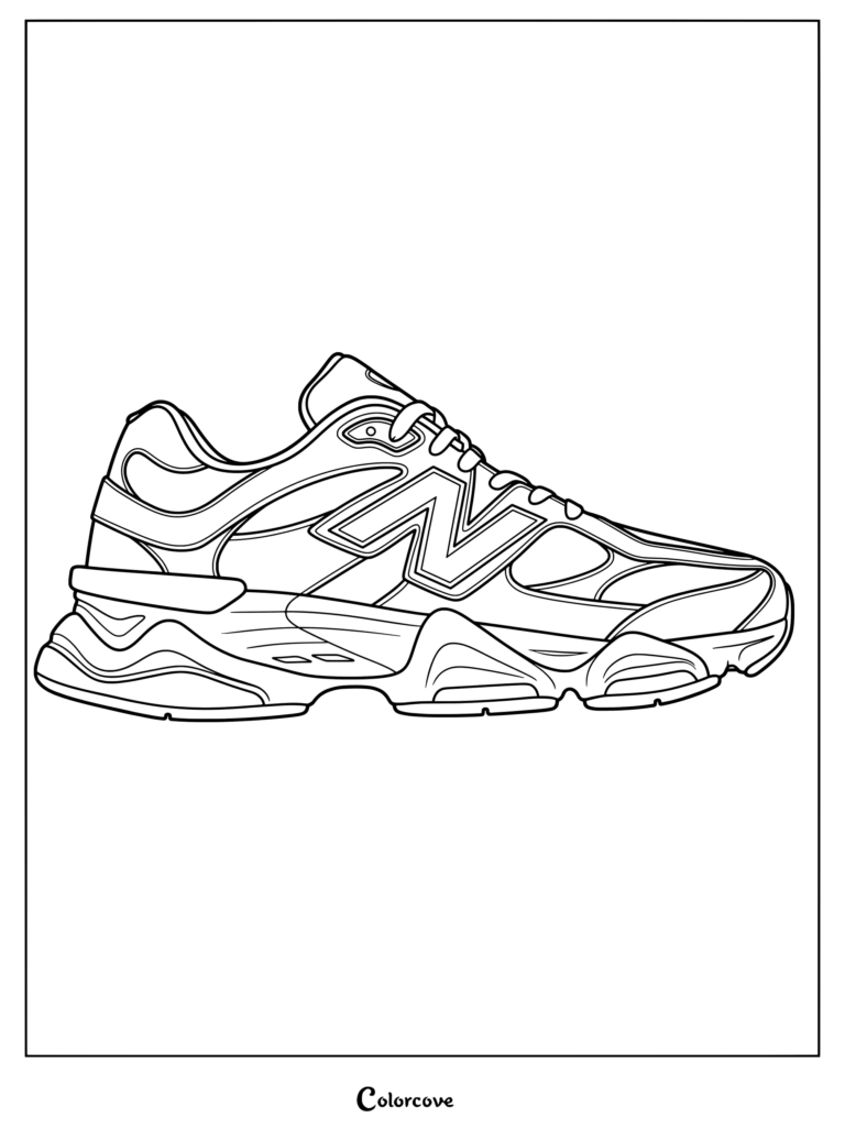 Page de coloriage de la New Balance 9060 mettant en valeur le design imposant de la semelle intermédiaire et le logo N caractéristique