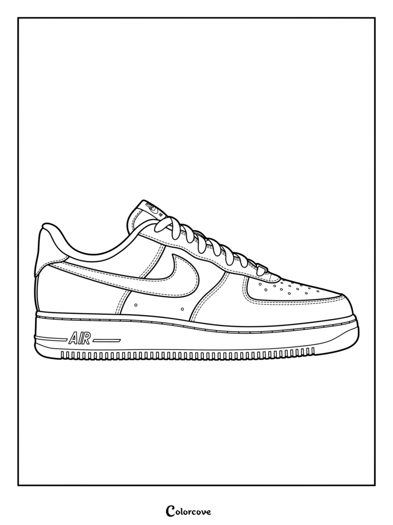 Page de coloriage de la basket Nike Air Force 1 sortie en 1982 et portée par Moses Malone