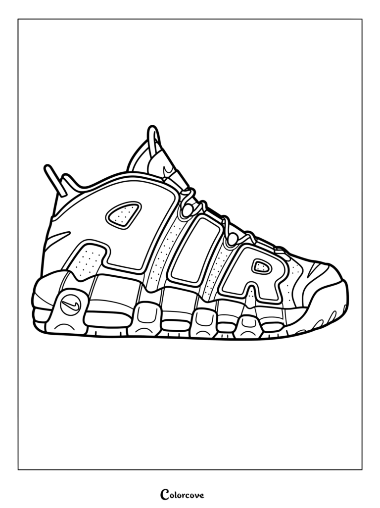 Page de coloriage de la basket Nike Air More Uptempo sortie en 1996 et portée par Scottie Pippen
