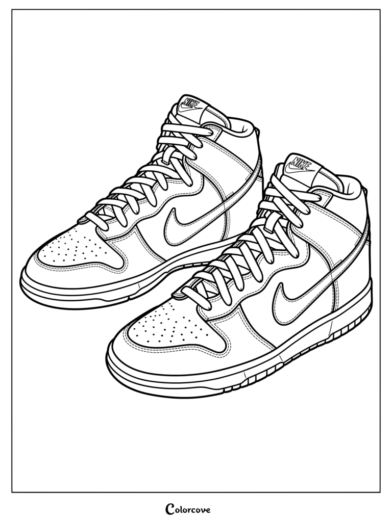Page de coloriage de la Nike Dunk sortie en 1985 et portée par de nombreux joueurs, avec des baskets montantes