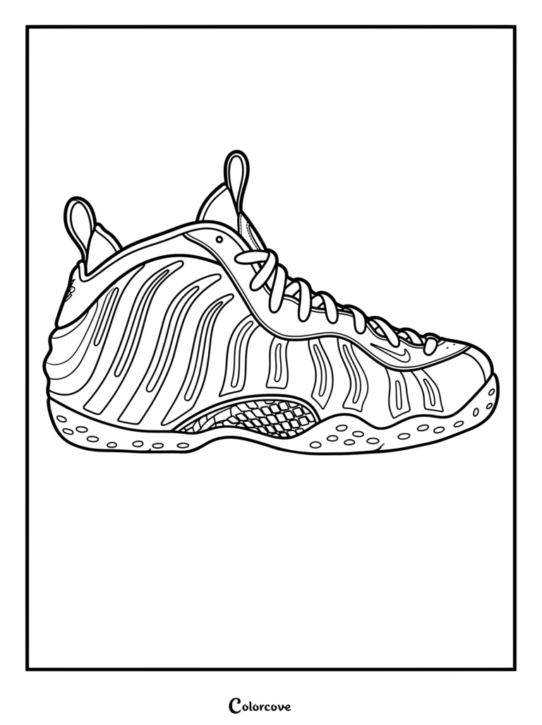 Page de coloriage de la Nike Foamposite One sortie en 1997 et portée par Anfernee Hardaway