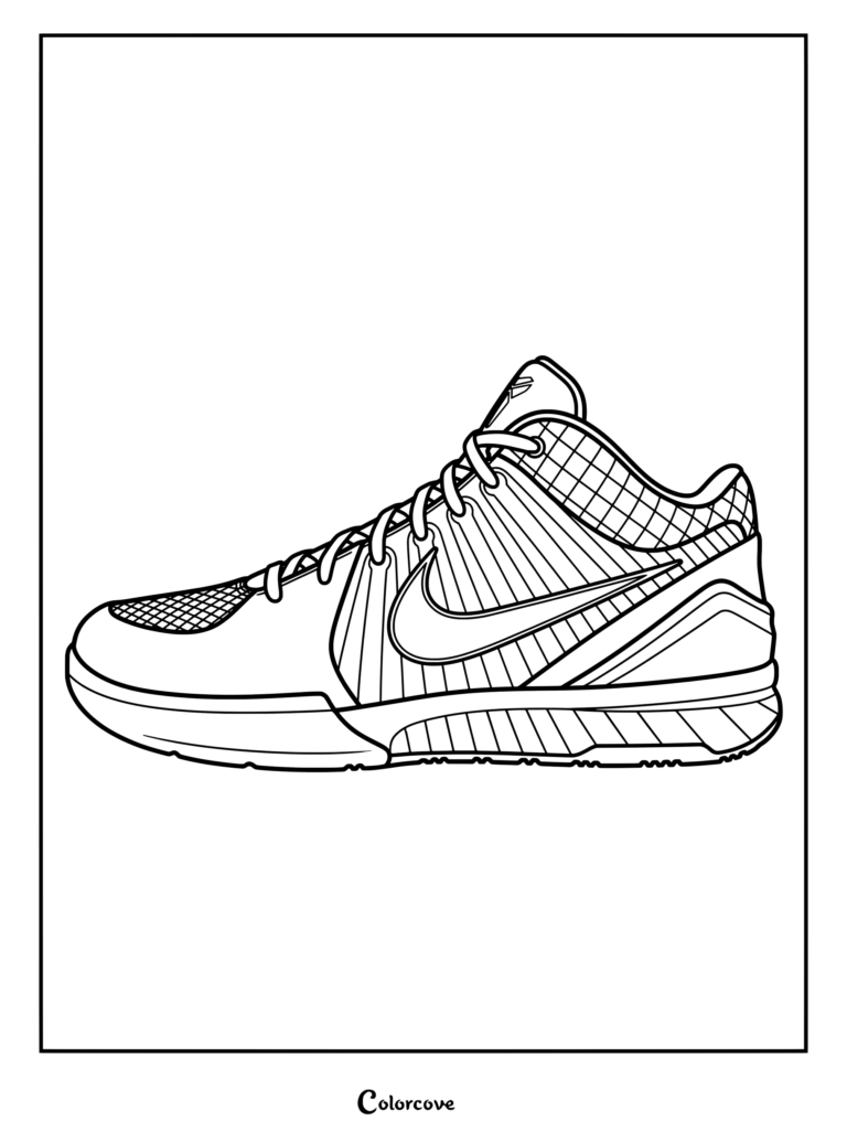 Page de coloriage de la basket Nike Kobe 4 sortie en 2009 et portée par Kobe Bryant