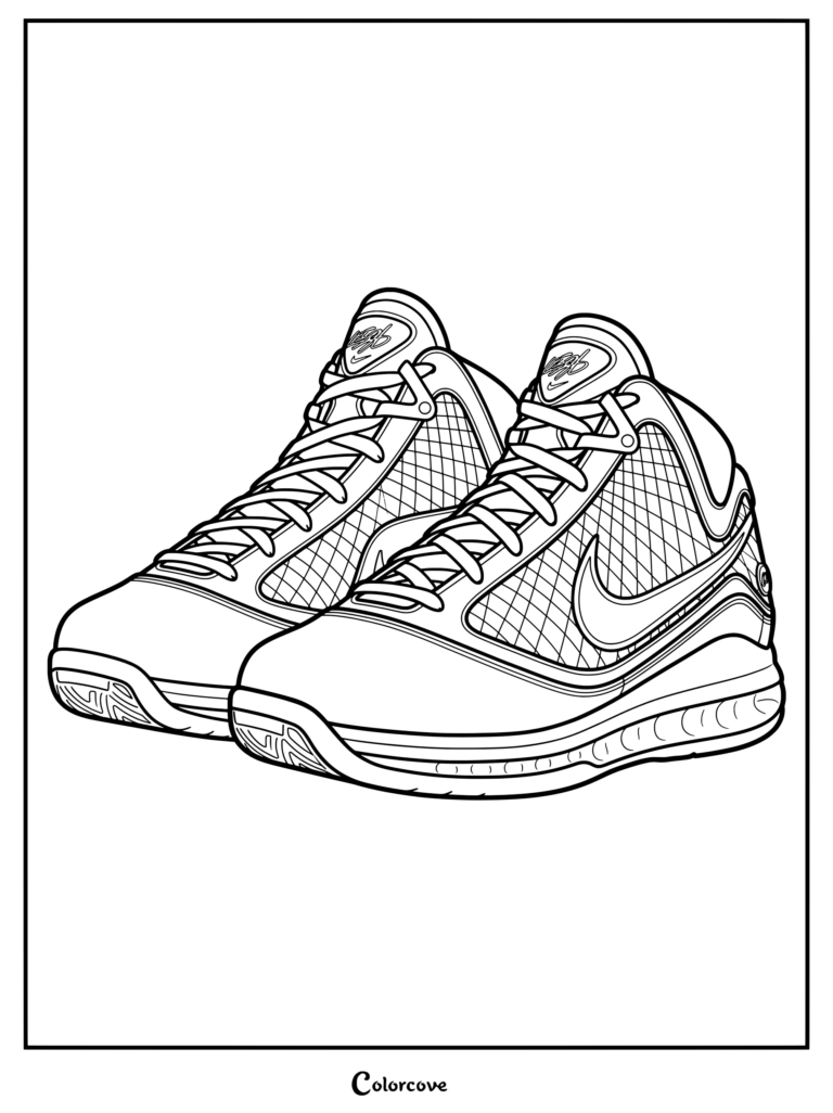 Page de coloriage de la Nike LeBron 7 sortie en 2009 et portée par LeBron James, représentant ces Baskets Iconiques de basketball