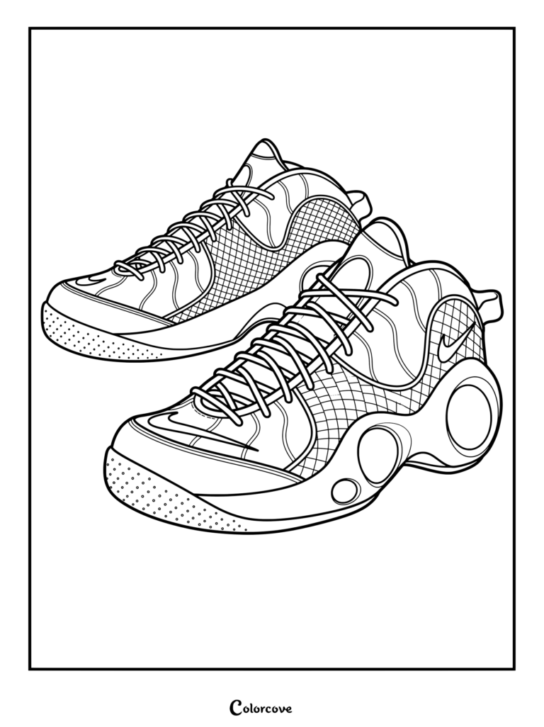 Page de coloriage détaillée des baskets Nike Zoom Flight 95 sorties en 1995 et portées par Jason Kidd