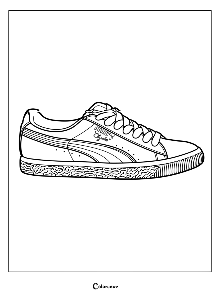 Page de coloriage de la basket Puma Clyde sortie en 1973 et portée par Walt Frazier