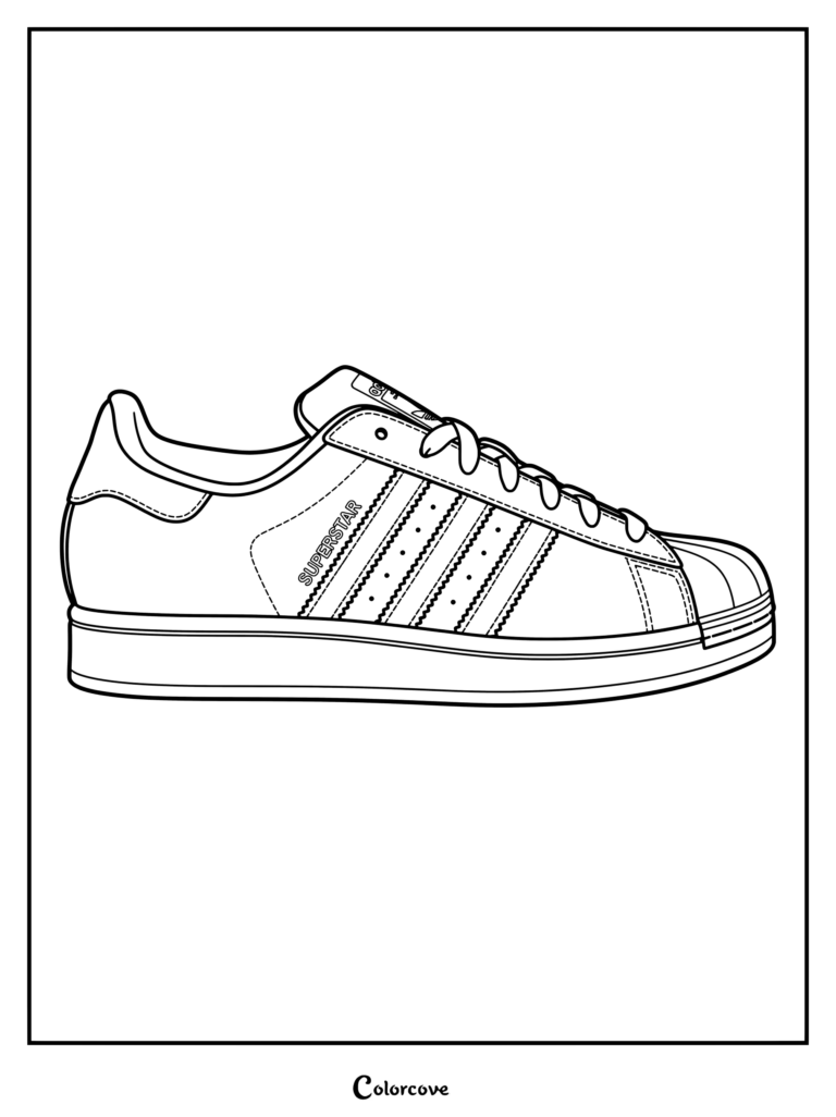 Page de coloriage détaillée de la basket classique Adidas Original Superstar II, avec son embout coquille emblématique et ses trois bandes.