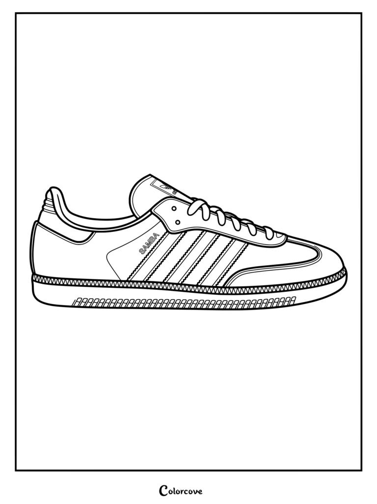 Page de coloriage détaillée des Baskets Iconiques Adidas Samba montrant les trois bandes classiques et la semelle texturée.