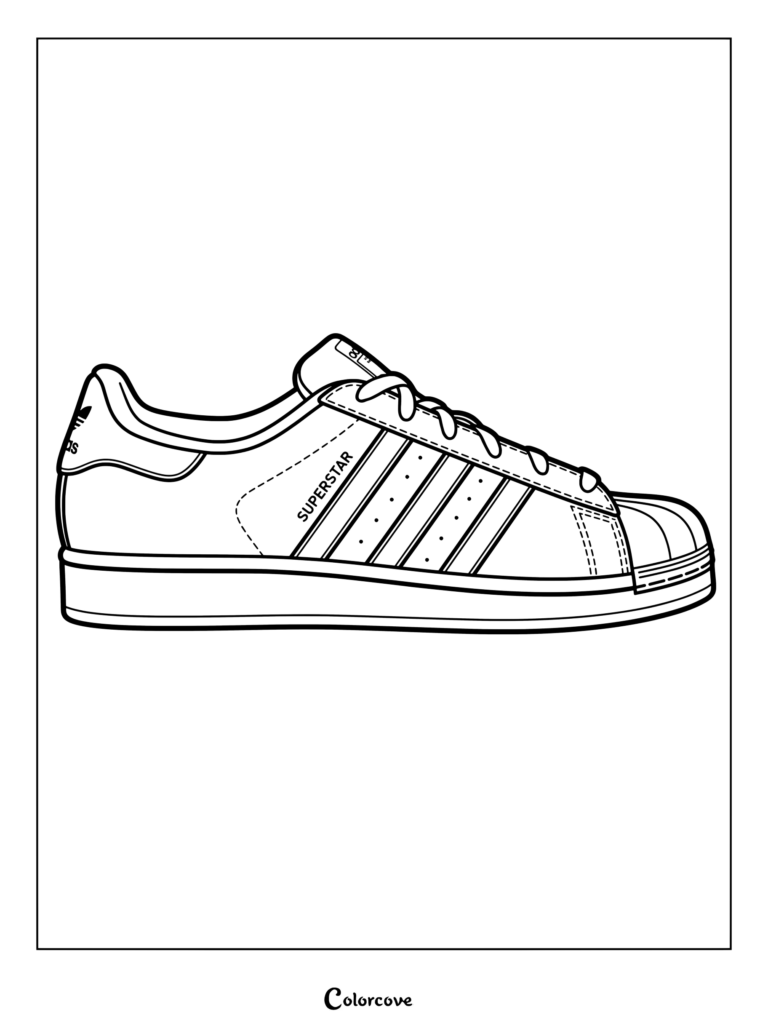 Page de coloriage de la Adidas Superstar sortie en 1969 et portée par Kareem Abdul-Jabbar