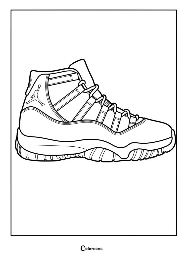 Page de coloriage de la Air Jordan 11 sortie en 1995 et portée par Michael Jordan