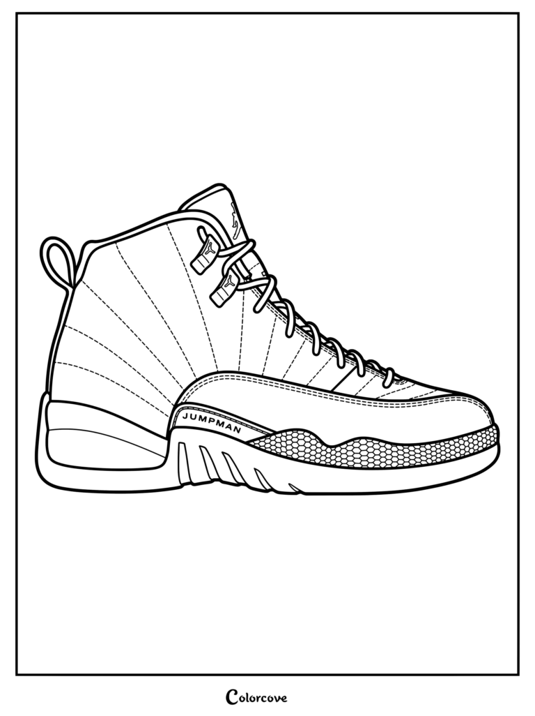 Page de coloriage de la Air Jordan 12 sortie en 1996 et portée par Michael Jordan, avec un dessin au trait détaillé de ces Baskets Iconiques