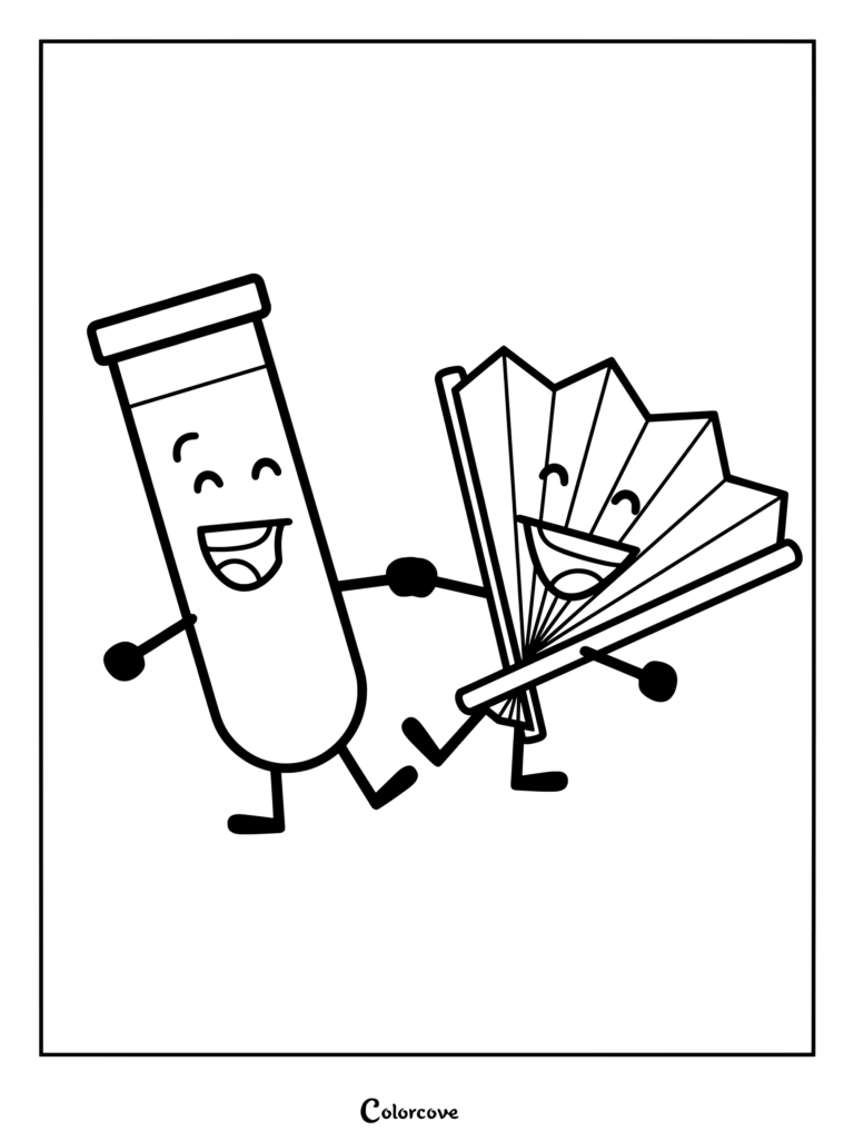 Coloriage gratuit à imprimer représentant Fan et Tube à Essai d'Inanimate Insanity se tenant la main et souriant.