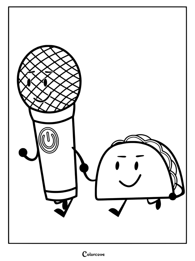 Coloriage gratuit à imprimer de Taco et Microphone se tenant la main dans Inanimate Insanity.