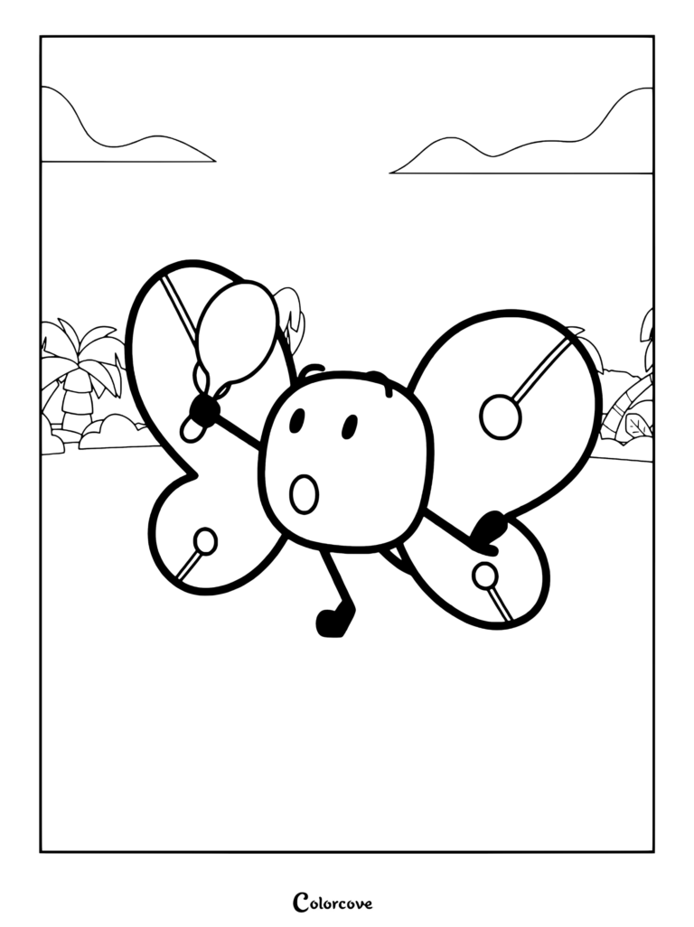 Un coloriage à imprimer représentant Bot (initialement connu sous le nom de Bow ou Bowbot) de la web-série animée Inanimate Insanity Invitational.