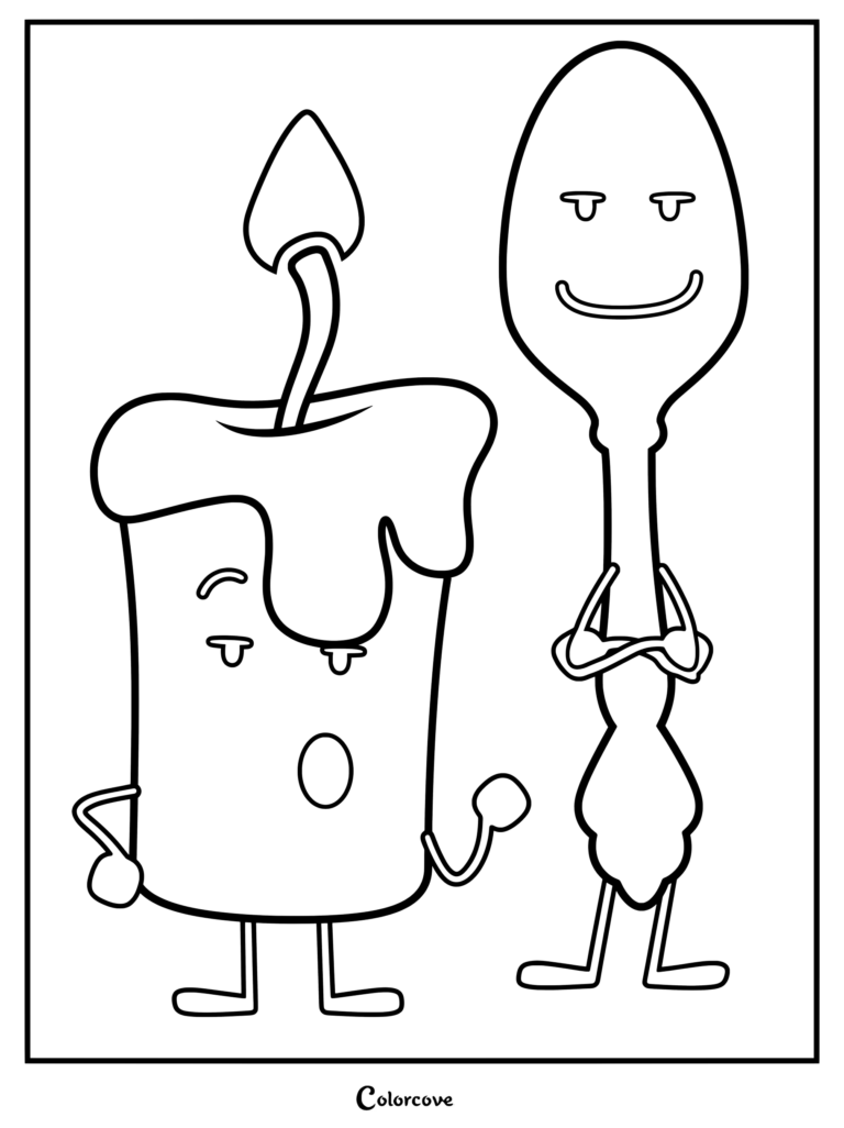Coloriage d'Inanimate Insanity représentant Bougie debout à gauche et Cuillère en Argent debout les bras croisés à droite.