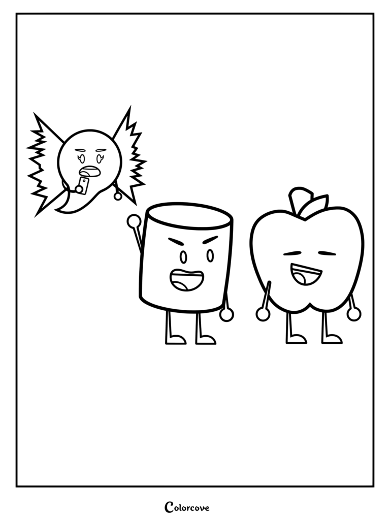Coloriage d'Inanimate Insanity représentant Guimauve, Pomme et une version fantôme de Bow en train d'interagir.