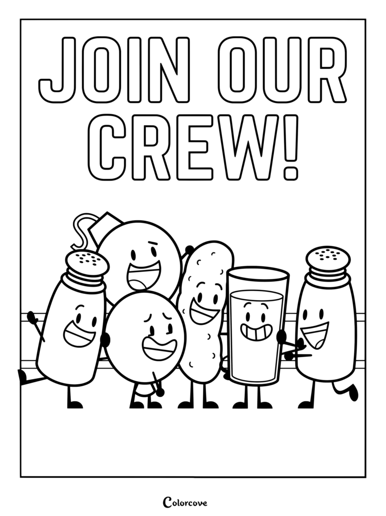 Coloriage gratuit à imprimer représentant des membres de l'équipe Team Chickenleg d'Inanimate Insanity avec le texte Rejoignez notre équipe.