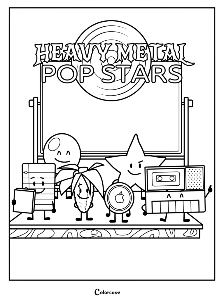 Coloriage d'Inanimate Insanity représentant l'équipe Heavy Metal Pop Stars avec Papier, Poppy, MeTag, Cammy, Carambole et Tapey réunis sur une scène jaune.