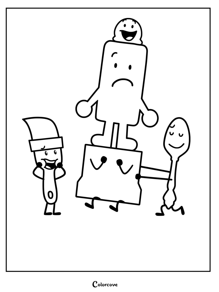 Coloriage à imprimer de Cuillère en Argent présentant une statue de Groscer surmontée de Glu bleue à Pinceau d'Inanimate Insanity.