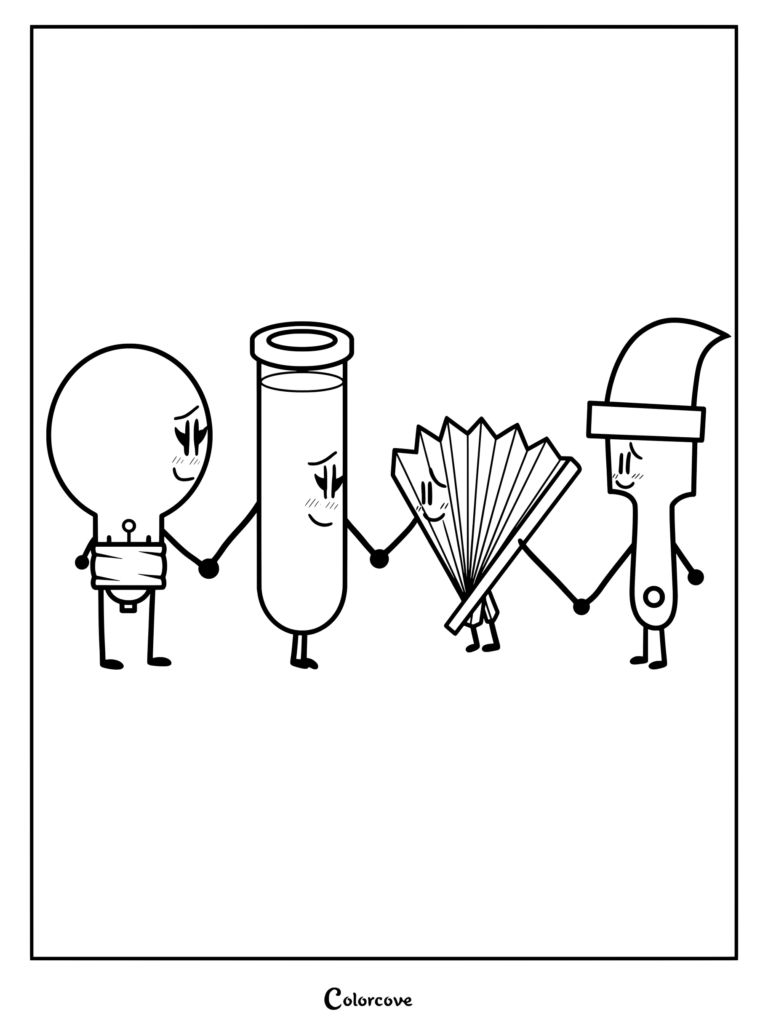 Coloriage gratuit à imprimer de quatre personnages de la web-série animée Inanimate Insanity, mettant en scène Ampoule, Tube à Essai, Fan et Pinceau se tenant la main.