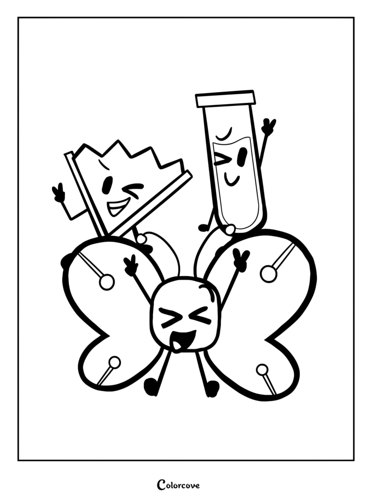 Coloriage de Fan, Tube à Essai et Bot tiré de la série animée Inanimate Insanity.