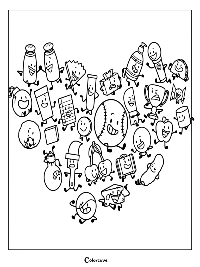 Coloriage de fan art d'Inanimate Insanity disposant les personnages en forme de cœur, avec Balle de Baseball au centre, aux côtés d'Ampoule, Knife, Trophée, Savon, Yin Yang et d'autres.