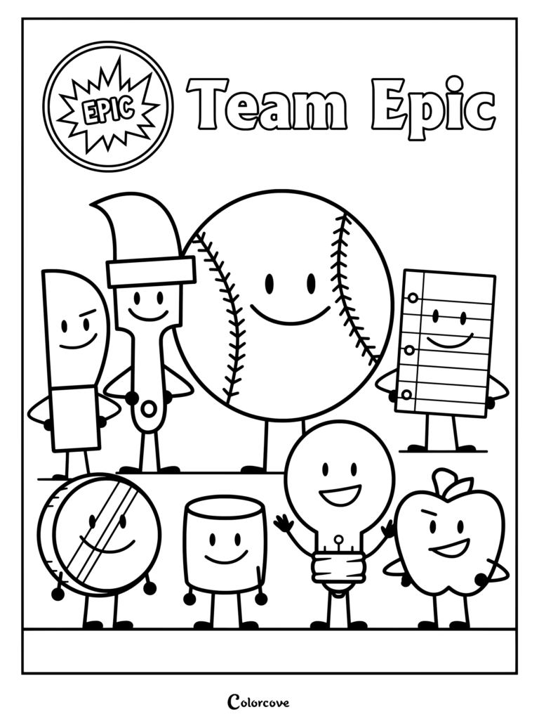 Coloriage gratuit à imprimer représentant l'équipe Team Epic, l'une des équipes originales de la première saison de la web-série animée Inanimate Insanity.