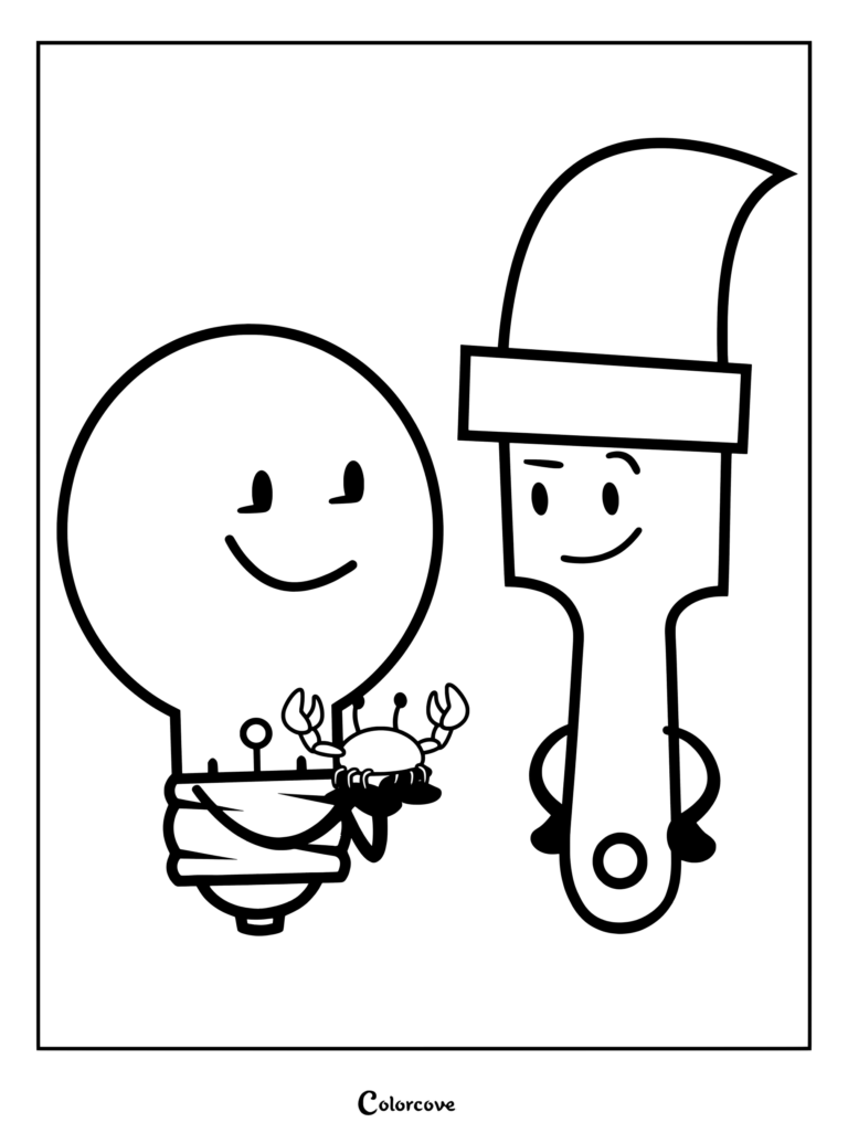 Coloriage d'Inanimate Insanity représentant Ampoule et Pinceau tenant un petit crabe rouge nommé Baxter.