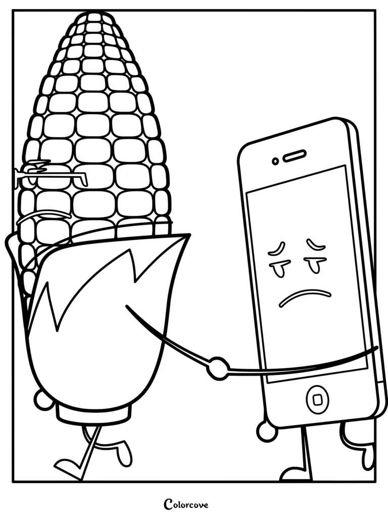 Un coloriage à imprimer représentant Steve Cobs l'épi de maïs et MePhone4 le smartphone triste d'Inanimate Insanity.