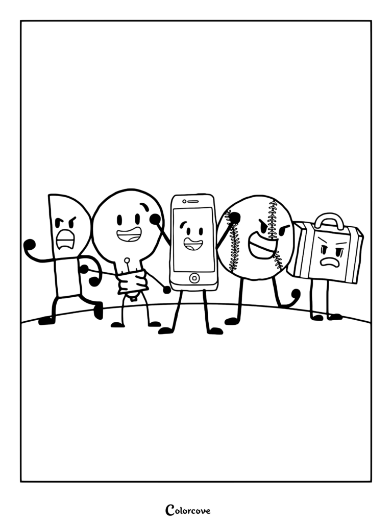 Coloriage à imprimer représentant les derniers candidats et l'animateur de la web-série animée Inanimate Insanity Saison 2.
