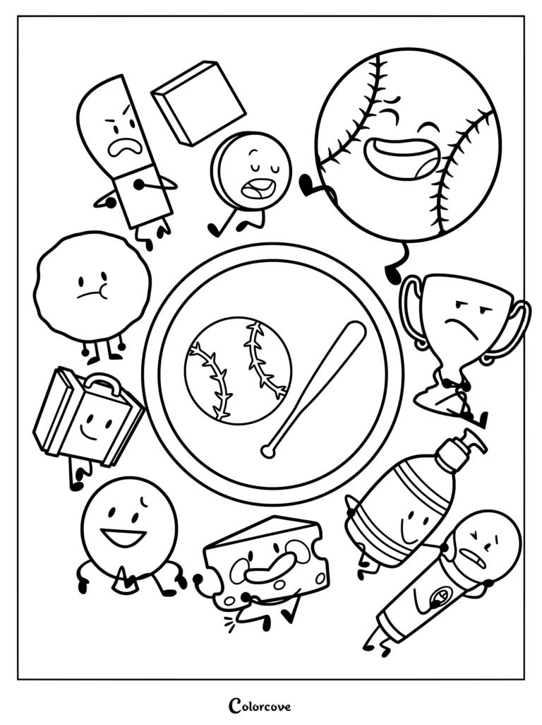 Coloriage de l'équipe The Grand Slams de la web-série animée Inanimate Insanity II, représentant divers personnages objets entourant une batte et une balle de baseball géantes.