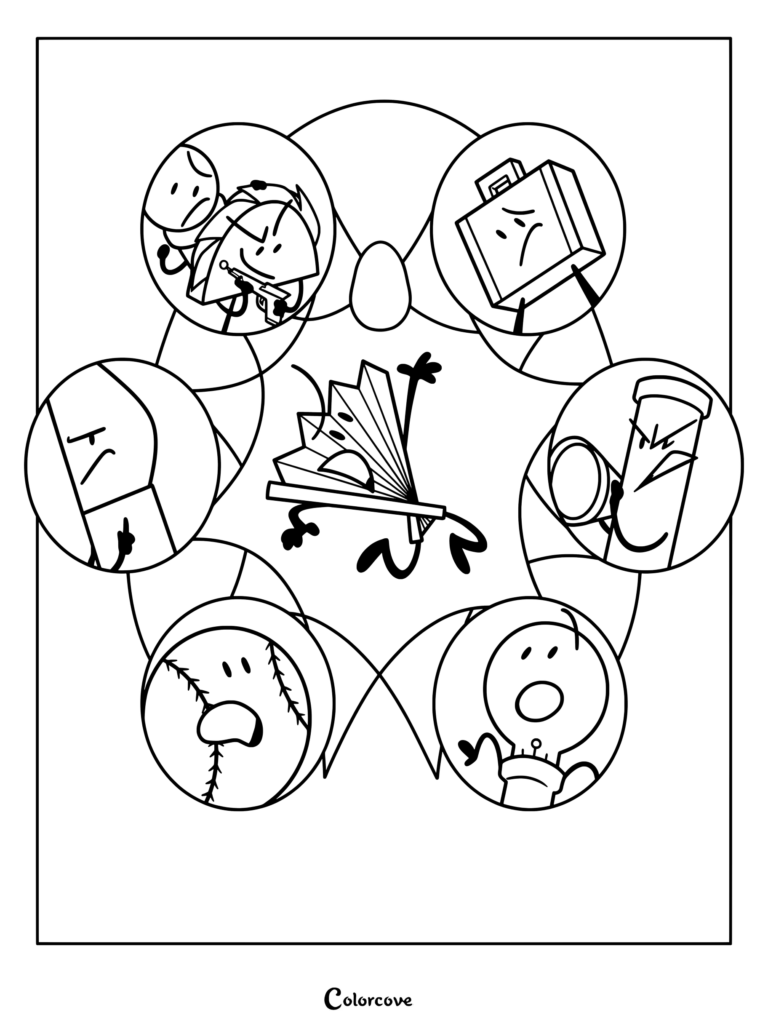Coloriage à imprimer d'Inanimate Insanity représentant Fan tenant un ventilateur à main au centre, entouré de portraits circulaires de Taco, Valise, Balle de Baseball, Ampoule, Microphone et Valise.