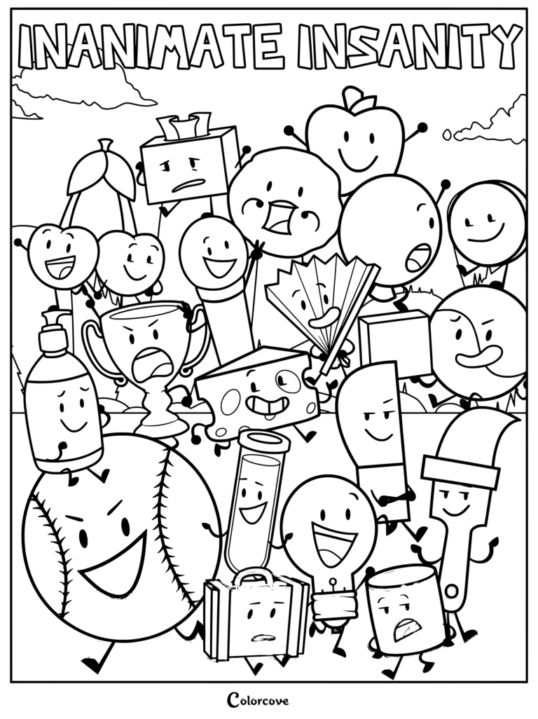 Coloriage d'Inanimate Insanity représentant l'affiche officielle de la distribution de la web-série animée indépendante créée par Adam Katz.