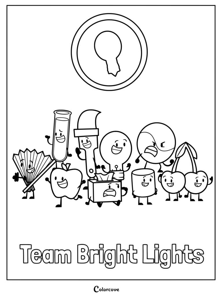Coloriage à imprimer représentant l'équipe The Bright Lights de la web-série animée Inanimate Insanity II.