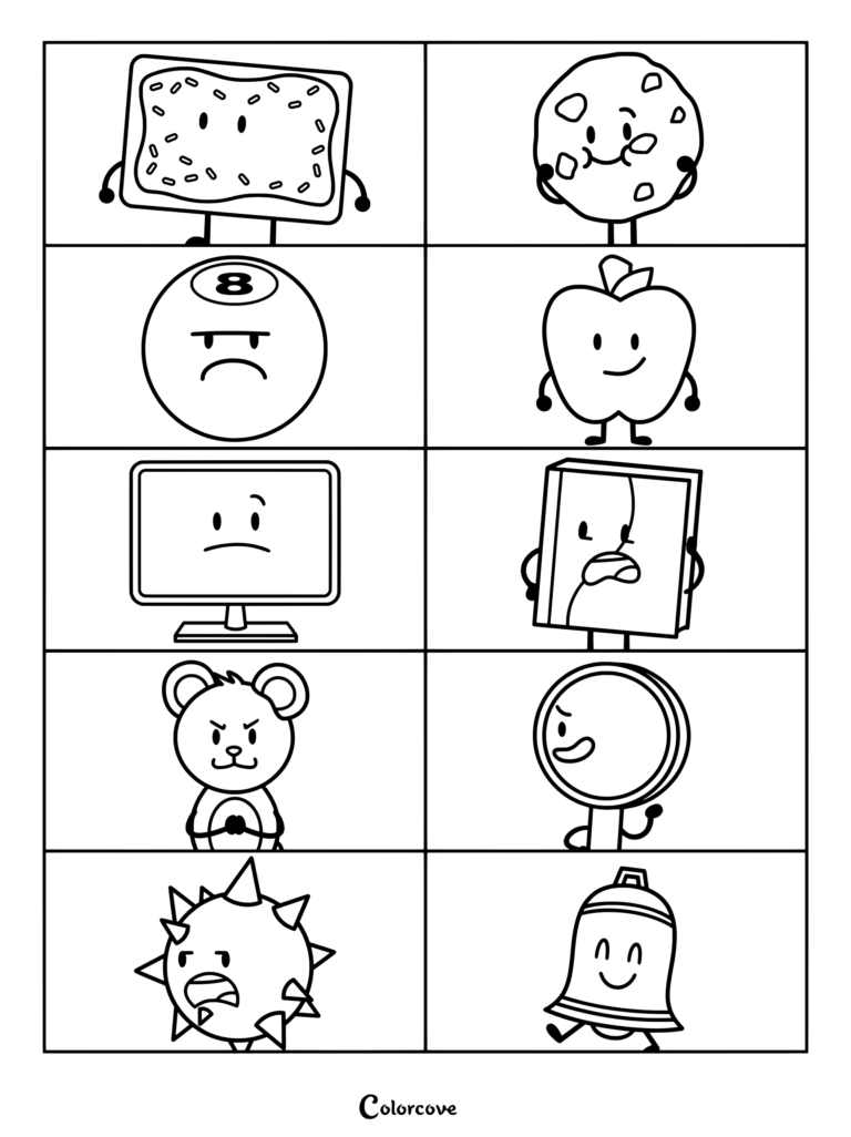 Un coloriage à imprimer représentant dix personnages recommandés en compétition pour entrer dans l'émission lors de l'épisode spécial de la saison 1 d'Inanimate Insanity, Un nouveau pas dans le jeu (Épisode 5.5).