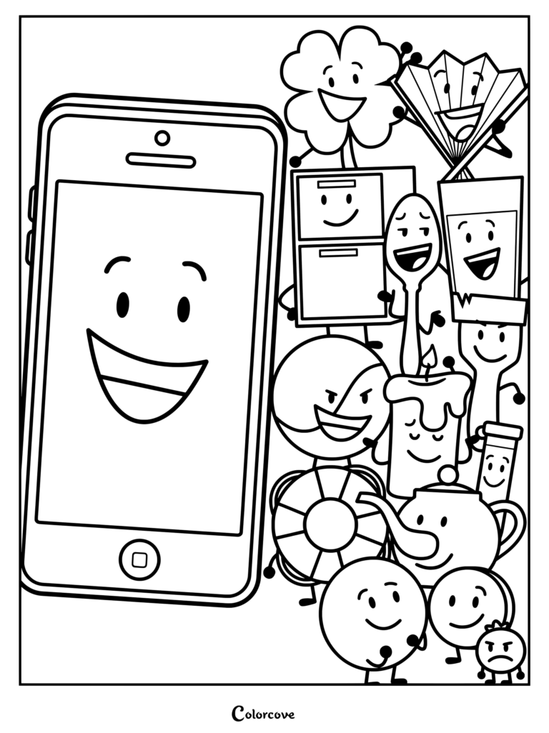 Un coloriage détaillé représentant des personnages de la web-série animée Inanimate Insanity, et plus particulièrement d'Inanimate Insanity Invitational (Saison 3), avec MePhone4 et divers candidats.