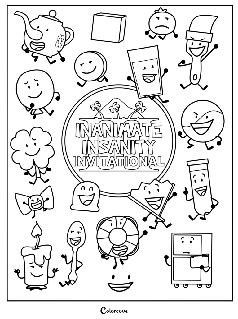 Coloriage représentant l'affiche promotionnelle officielle d'Inanimate Insanity Invitational, la troisième saison de la web-série animée Inanimate Insanity.