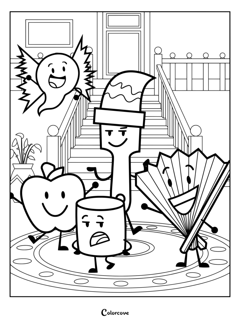 Coloriage à imprimer représentant Fan, Pinceau, Pomme, Guimauve et Bow de la web-série animée Inanimate Insanity lors de l'événement en direct spécial Purgatory PARTY!.