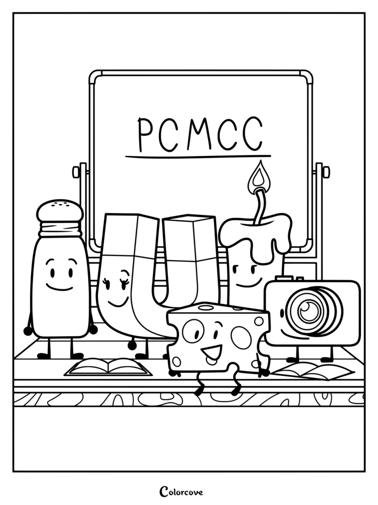 Coloriage d'Inanimate Insanity représentant les membres de l'équipe Circumspect — Poivre, Aimant, Cheesy, Bougie et Cammy — devant un tableau blanc.