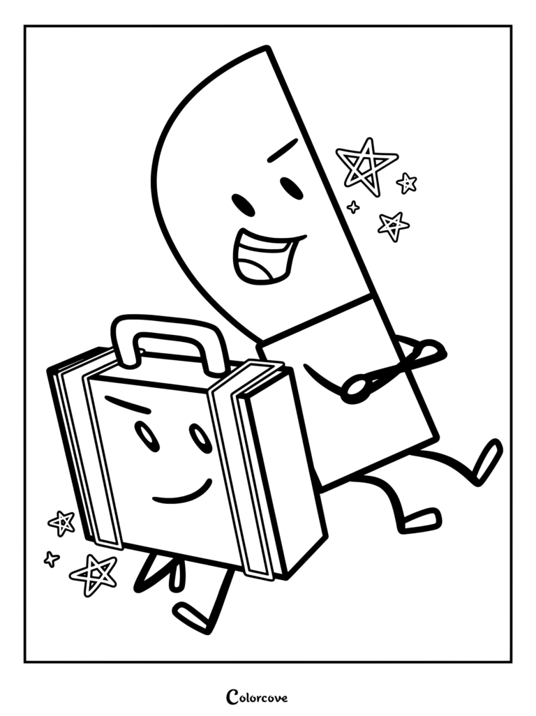 Coloriage Inanimate Insanity représentant Couteau et Valise entourés d'étoiles.