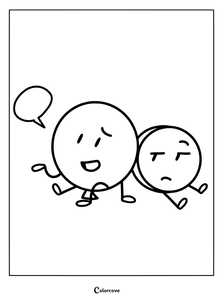 Coloriage de Nickel et Ballon d'Inanimate Insanity montrant Nickel penché en arrière avec un air sceptique tandis que Ballon est assis et parle dans une bulle de dialogue.