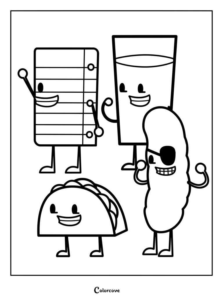 Coloriage à imprimer d'Inanimate Insanity représentant Papier, OJ, Taco et Cornichon posant ensemble.