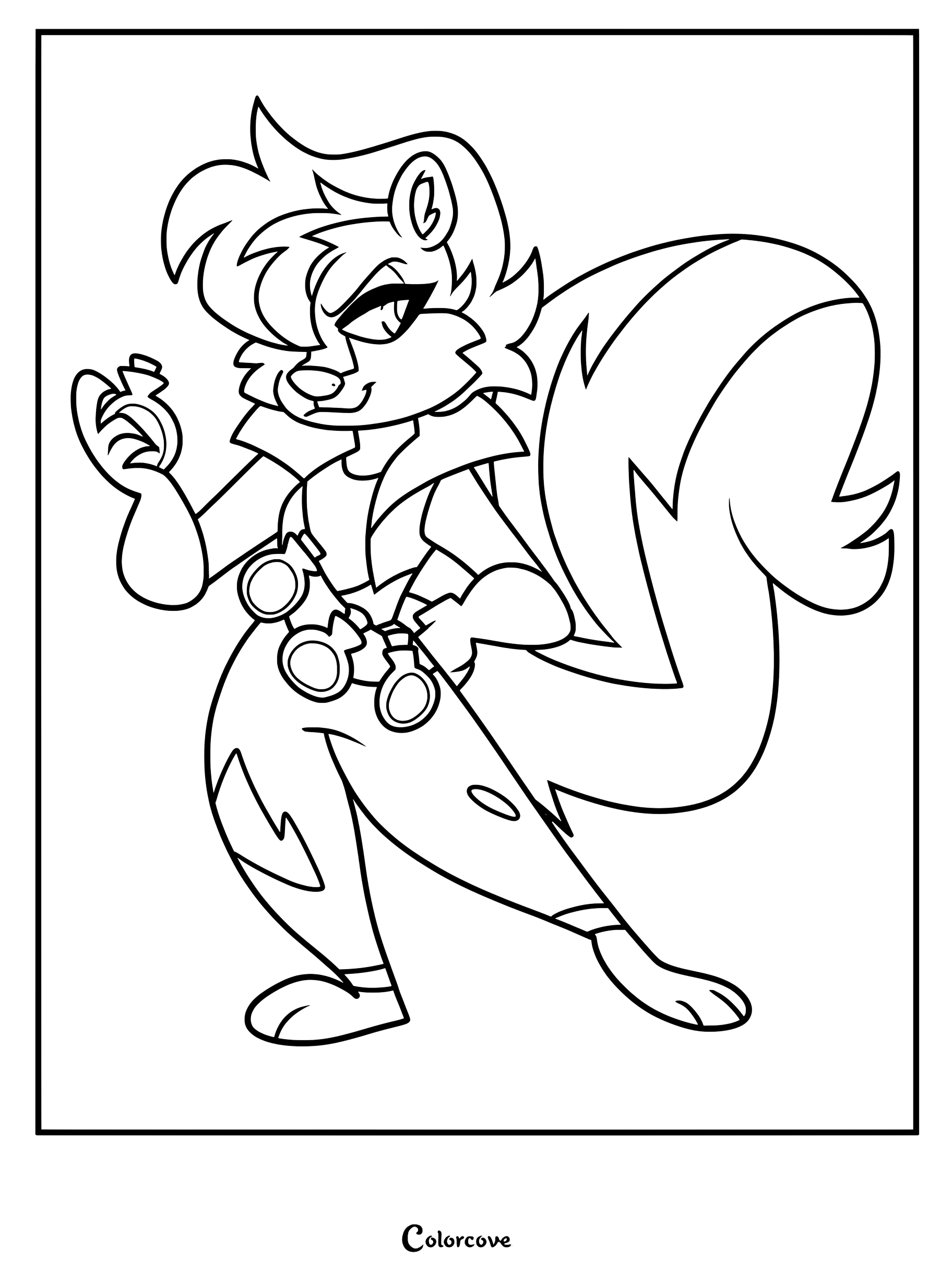 Medium difficulty coloring page of Salem the Skunk holding a small bottle with a belt of canisters around her waist.